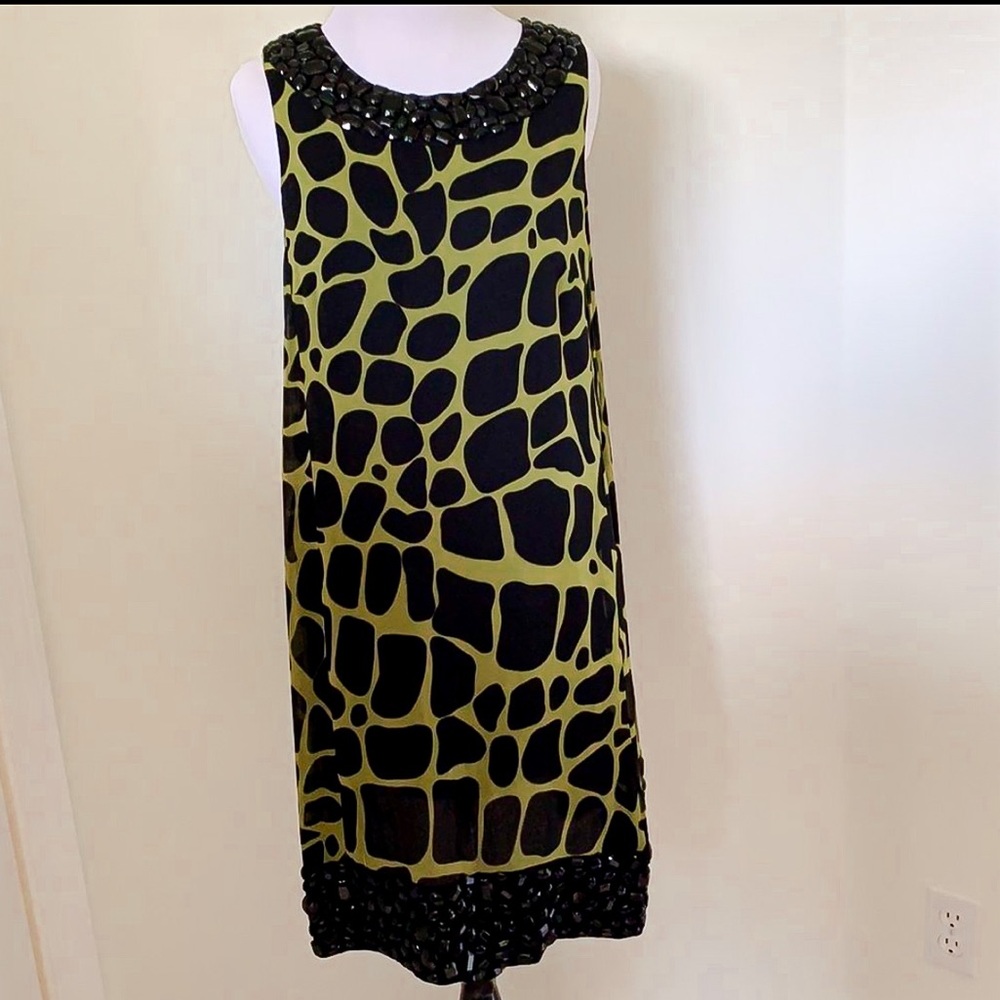 INC Giraffe Print Green & Black Beaded Dress Womens Sz 14 Petite
